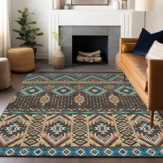 Brown Teal Blue And Coral Aztec Washable Indoor Outdoor Area Rug Photo 6