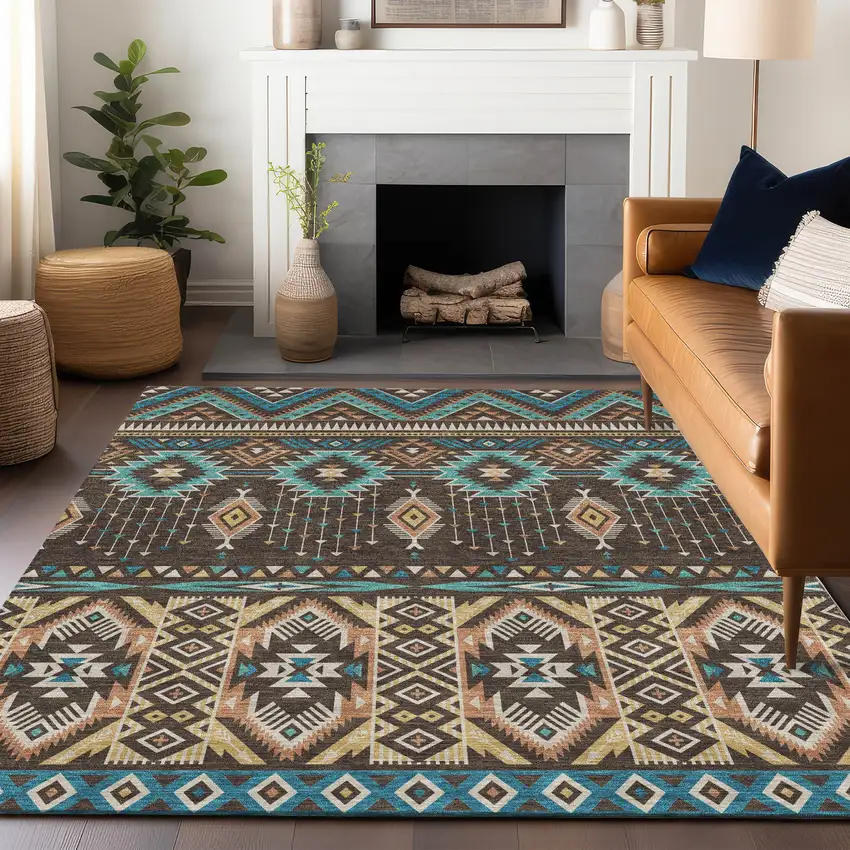 Brown Teal Blue And Coral Aztec Washable Indoor Outdoor Area Rug Photo 6