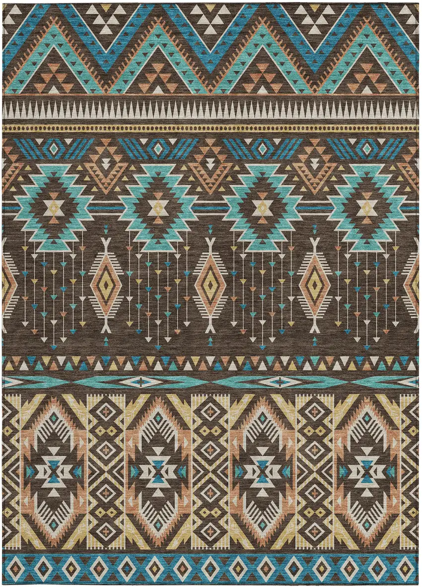 Brown Teal Blue And Coral Aztec Washable Indoor Outdoor Area Rug Photo 3