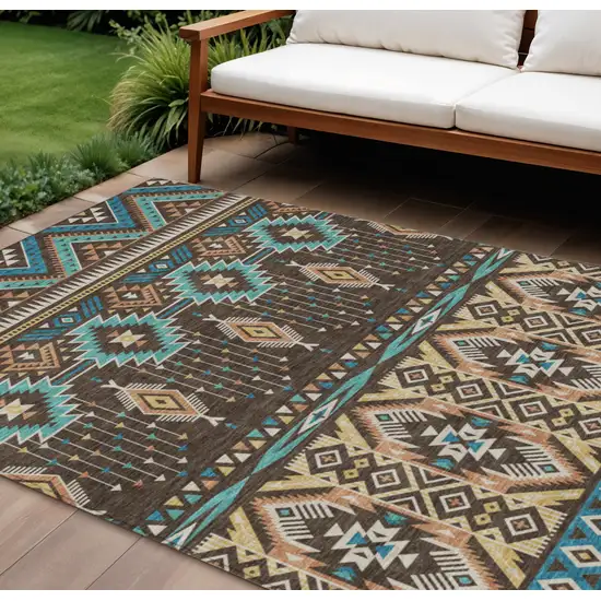 Brown Teal Blue And Coral Aztec Washable Indoor Outdoor Area Rug Photo 2