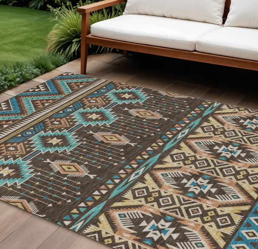 Brown Teal Blue And Coral Aztec Washable Indoor Outdoor Area Rug Photo 2