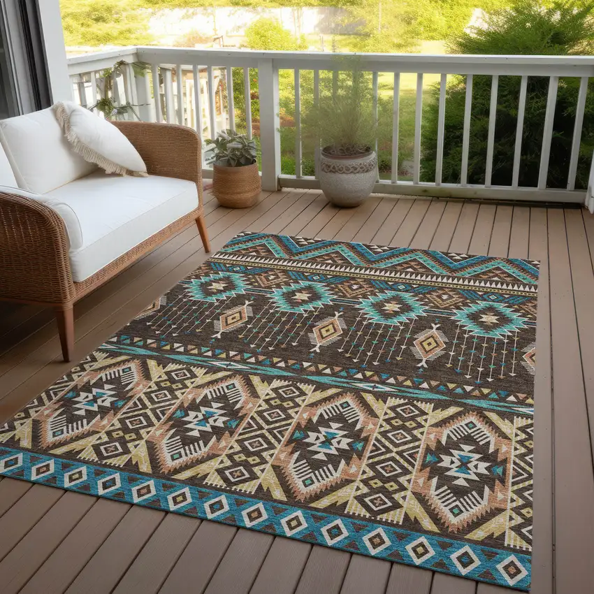 Brown Teal Blue And Coral Aztec Washable Indoor Outdoor Area Rug Photo 5