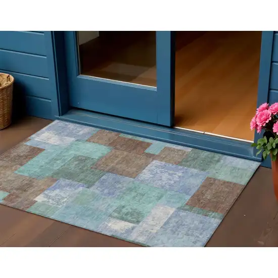 Brown Teal Blue And Ivory Geometric Washable Indoor Outdoor Area Rug Photo 2
