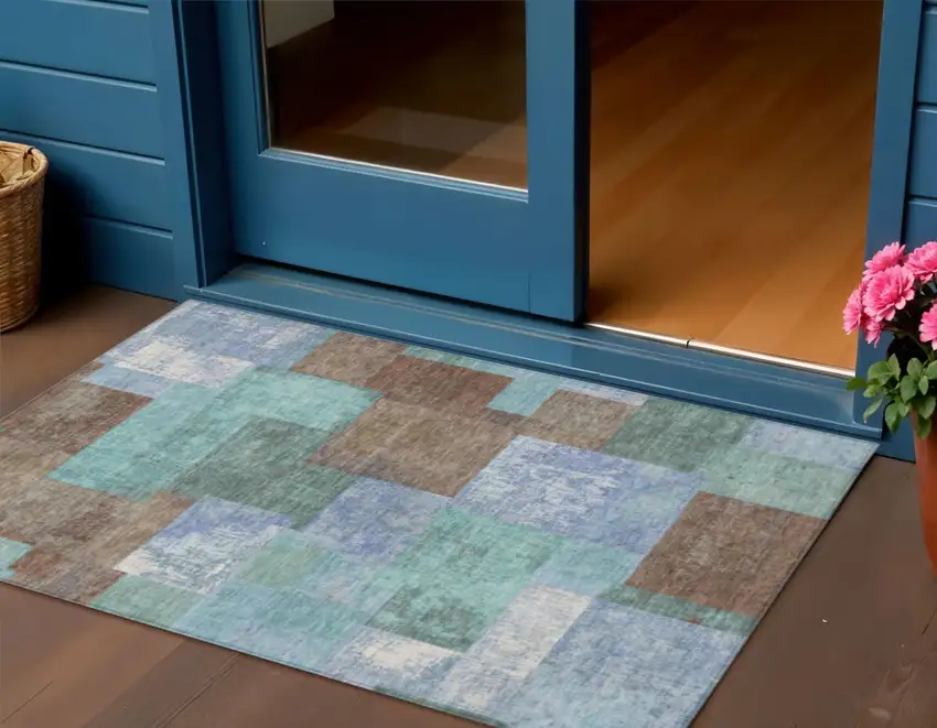 Brown Teal Blue And Ivory Geometric Washable Indoor Outdoor Area Rug Photo 2