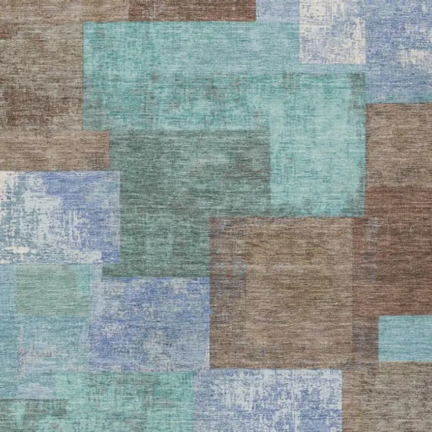 Brown Teal Blue And Ivory Geometric Washable Indoor Outdoor Area Rug Photo 9