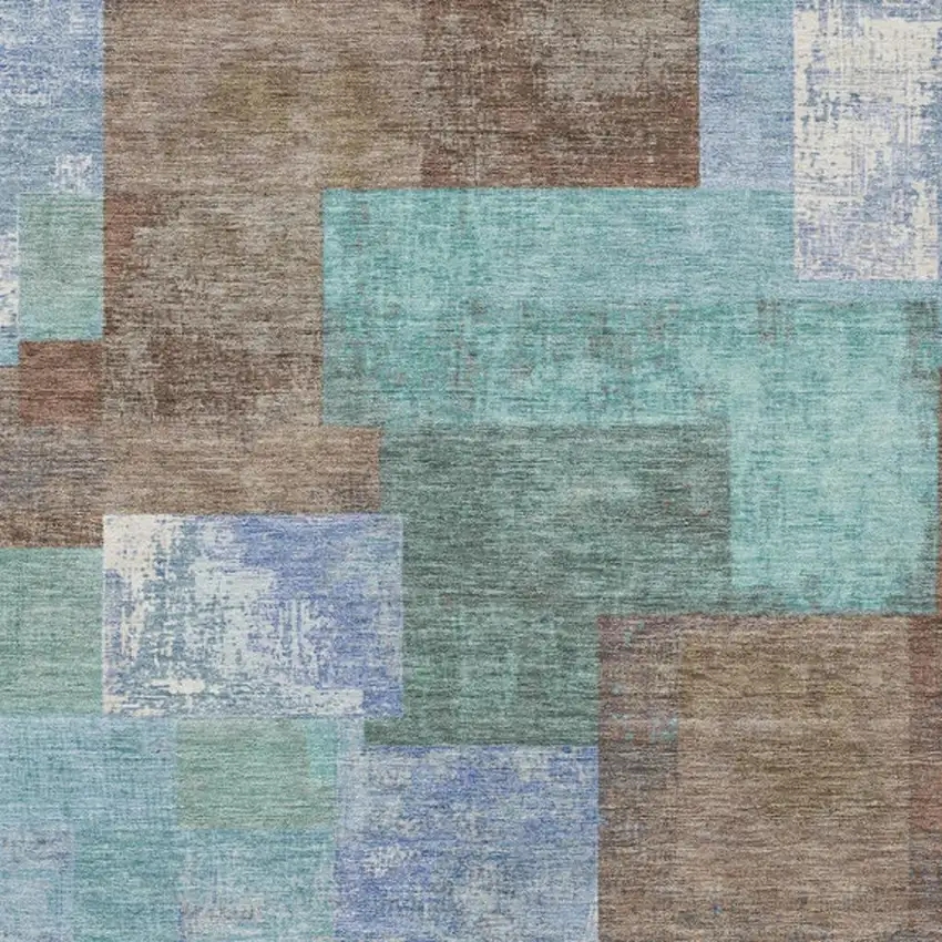 Brown Teal Blue And Ivory Geometric Washable Indoor Outdoor Area Rug Photo 4
