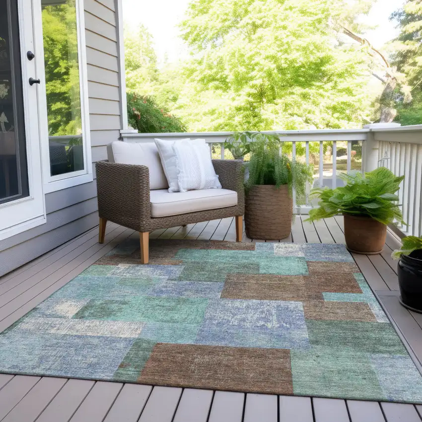 Brown Teal Blue And Ivory Geometric Washable Indoor Outdoor Area Rug Photo 8