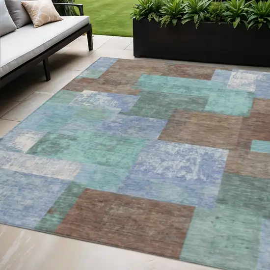 Brown Teal Blue And Ivory Geometric Washable Indoor Outdoor Area Rug Photo 2