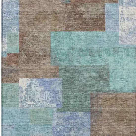 Brown Teal Blue And Ivory Geometric Washable Indoor Outdoor Area Rug Photo 4