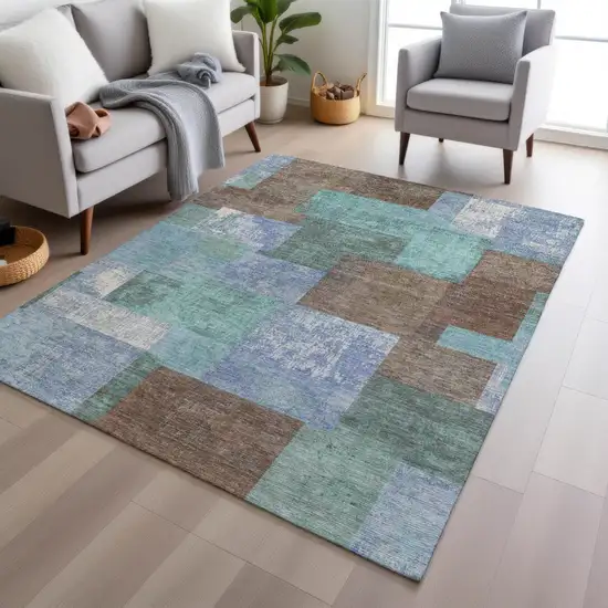 Brown Teal Blue And Ivory Geometric Washable Indoor Outdoor Area Rug Photo 6