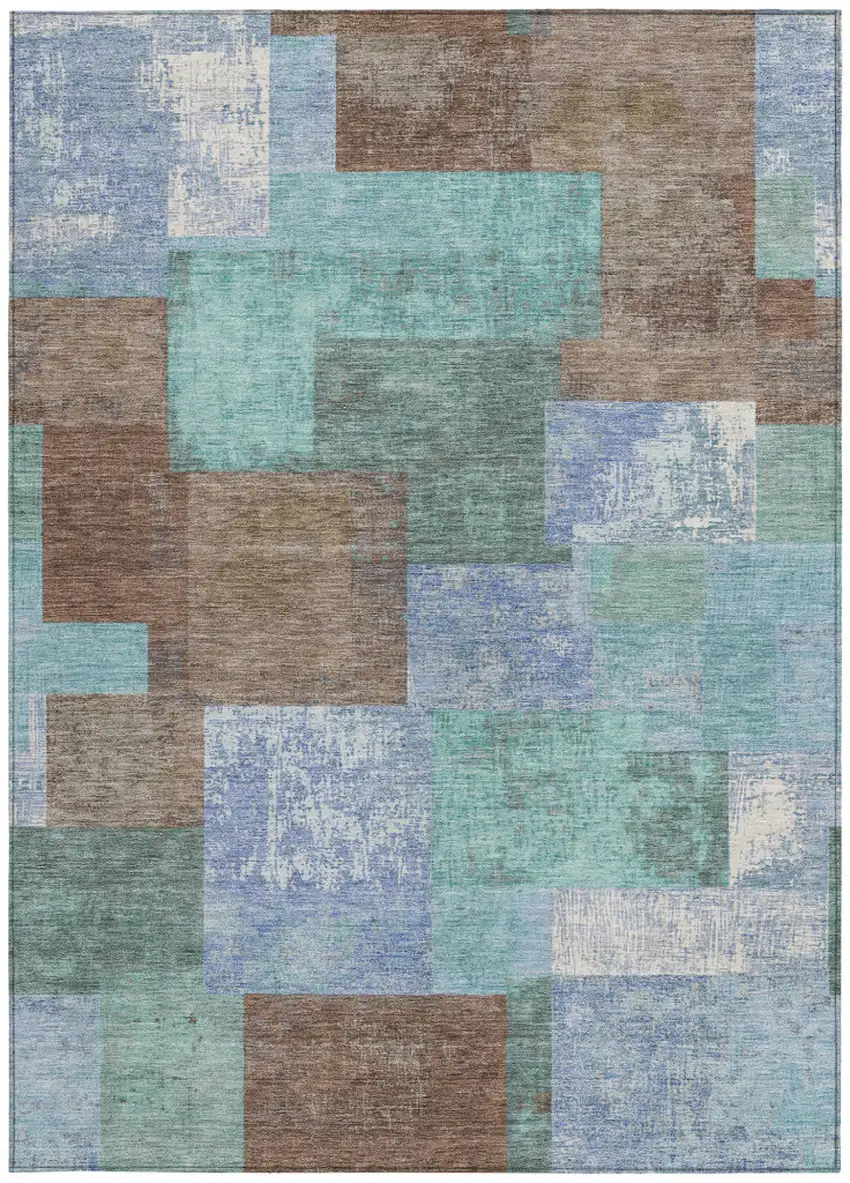 Brown Teal Blue And Ivory Geometric Washable Indoor Outdoor Area Rug Photo 3
