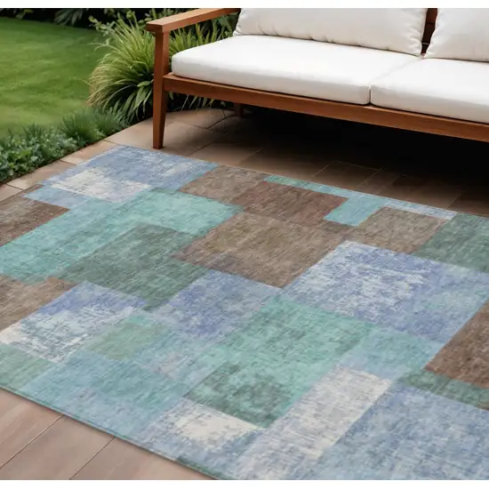 Brown Teal Blue And Ivory Geometric Washable Indoor Outdoor Area Rug Photo 2