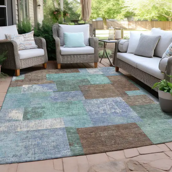 Brown Teal Blue And Ivory Geometric Washable Indoor Outdoor Area Rug Photo 5