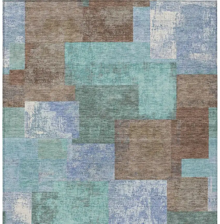 Brown Teal Blue And Ivory Geometric Washable Indoor Outdoor Area Rug Photo 3