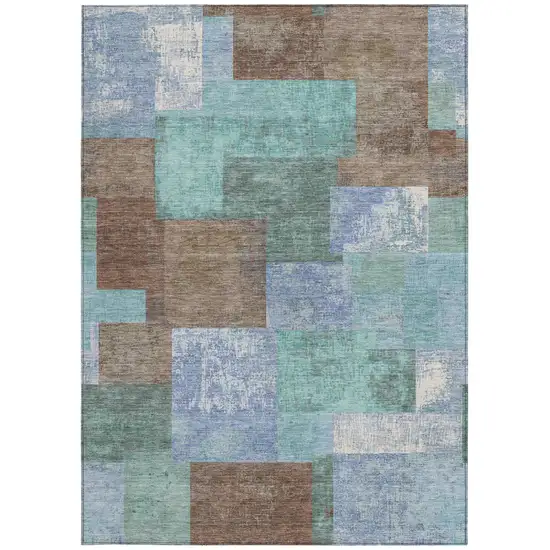 Brown Teal Blue And Ivory Geometric Washable Indoor Outdoor Area Rug Photo 4