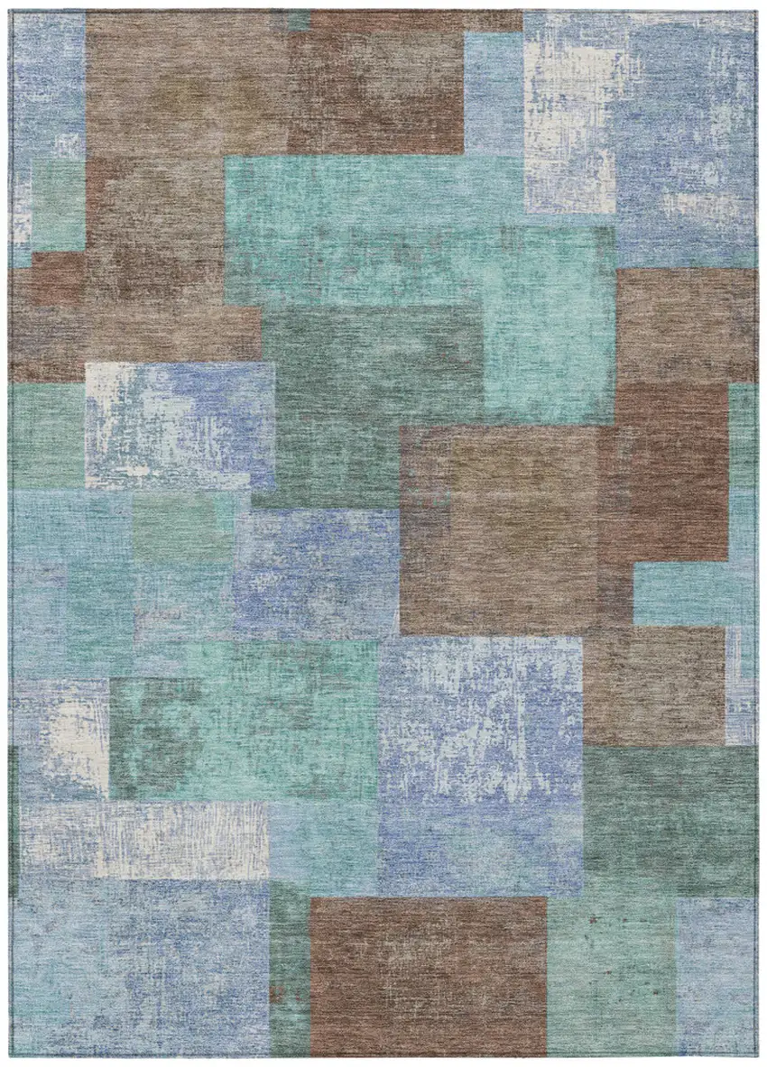 Brown Teal Blue And Ivory Geometric Washable Indoor Outdoor Area Rug Photo 1