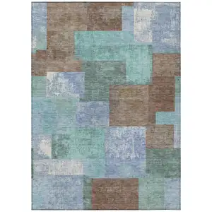 Photo of Brown Teal Blue And Ivory Geometric Washable Indoor Outdoor Area Rug