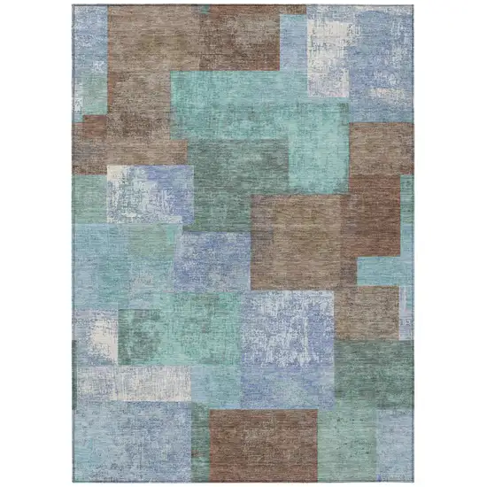 Brown Teal Blue And Ivory Geometric Washable Indoor Outdoor Area Rug Photo 1