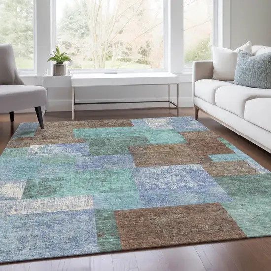 Brown Teal Blue And Ivory Geometric Washable Indoor Outdoor Area Rug Photo 7