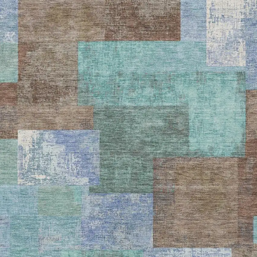 Brown Teal Blue And Ivory Geometric Washable Indoor Outdoor Area Rug Photo 9