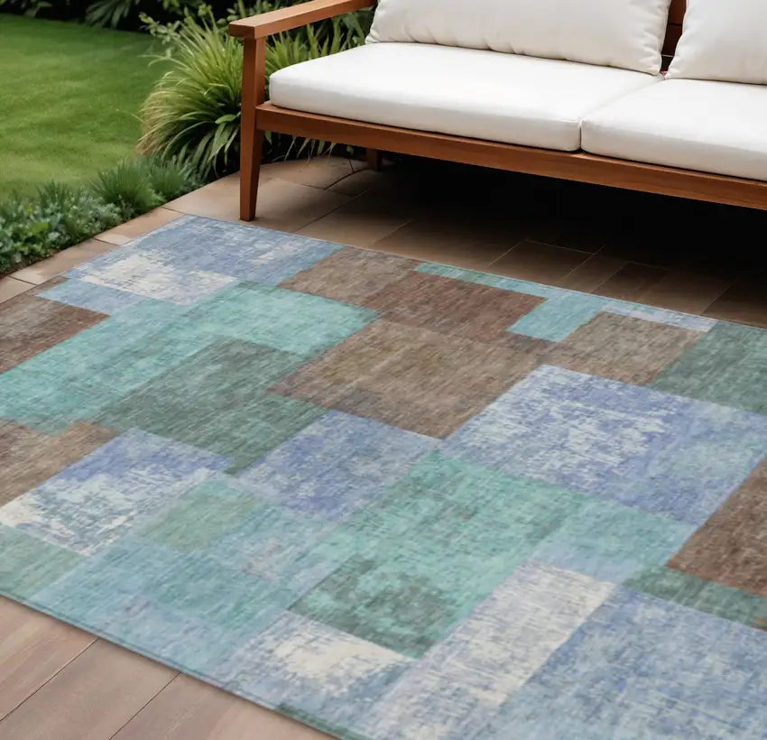 Brown Teal Blue And Ivory Geometric Washable Indoor Outdoor Area Rug Photo 2
