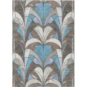 Photo of Brown Teal Blue And Ivory Geometric Washable Indoor Outdoor Area Rug