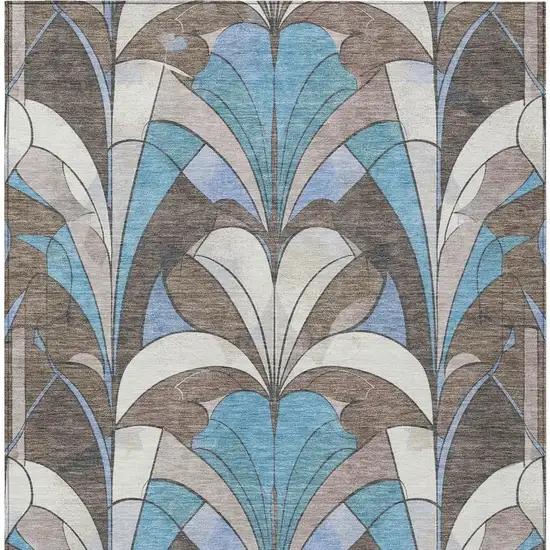 Brown Teal Blue And Ivory Geometric Washable Indoor Outdoor Area Rug Photo 4