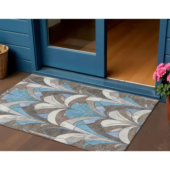 Brown Teal Blue And Ivory Geometric Washable Indoor Outdoor Area Rug Photo 2