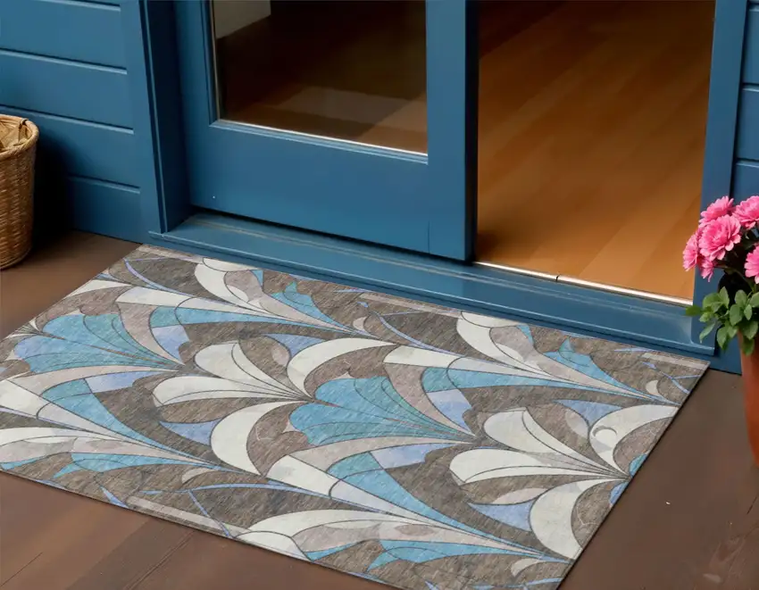 Brown Teal Blue And Ivory Geometric Washable Indoor Outdoor Area Rug Photo 2