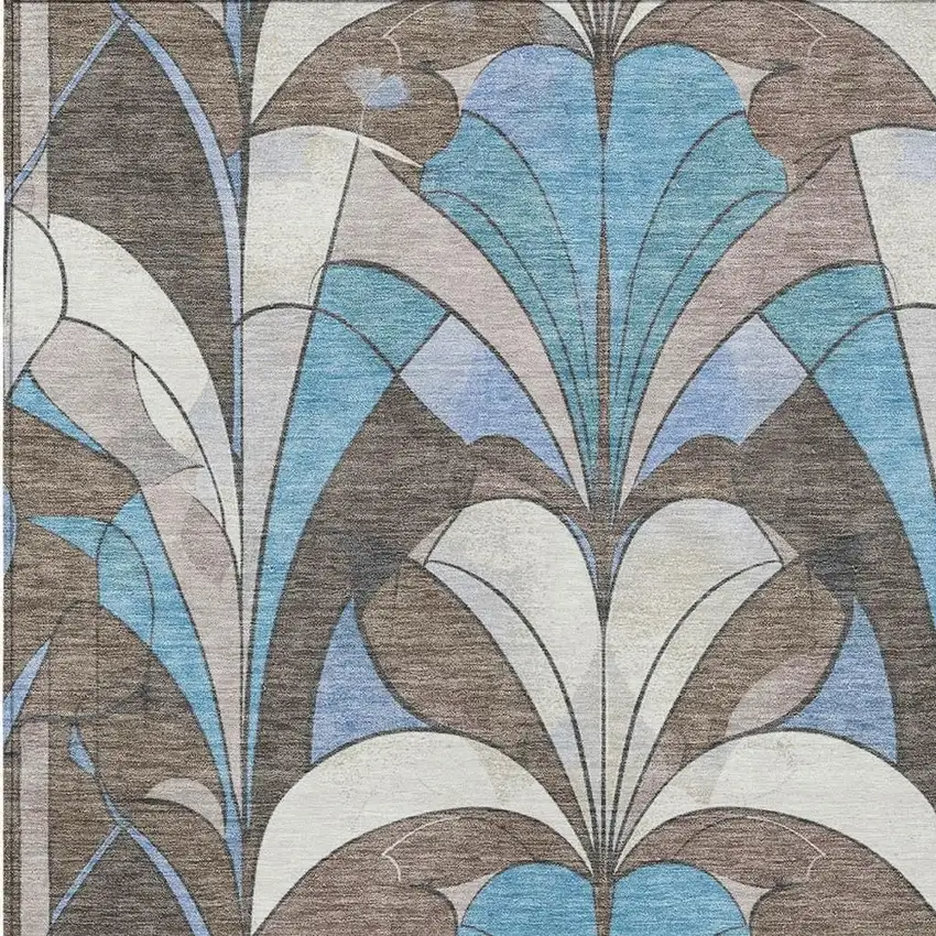 Brown Teal Blue And Ivory Geometric Washable Indoor Outdoor Area Rug Photo 6