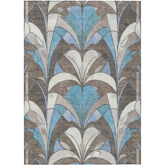 Brown Teal Blue And Ivory Geometric Washable Indoor Outdoor Area Rug Photo 1