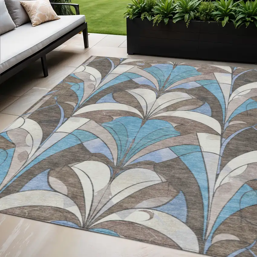 Brown Teal Blue And Ivory Geometric Washable Indoor Outdoor Area Rug Photo 2