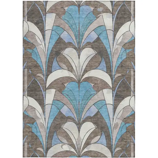 Brown Teal Blue And Ivory Geometric Washable Indoor Outdoor Area Rug Photo 1