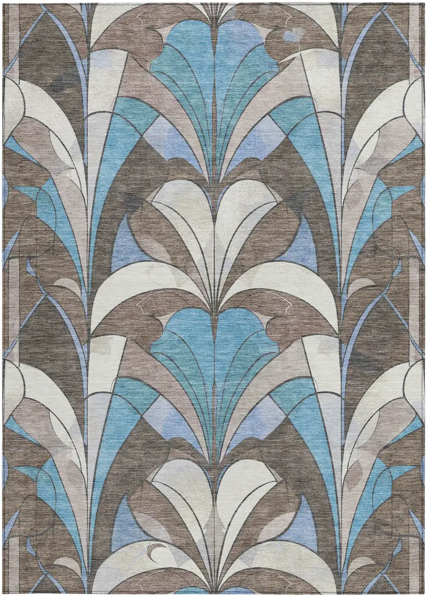 Brown Teal Blue And Ivory Geometric Washable Indoor Outdoor Area Rug Photo 1