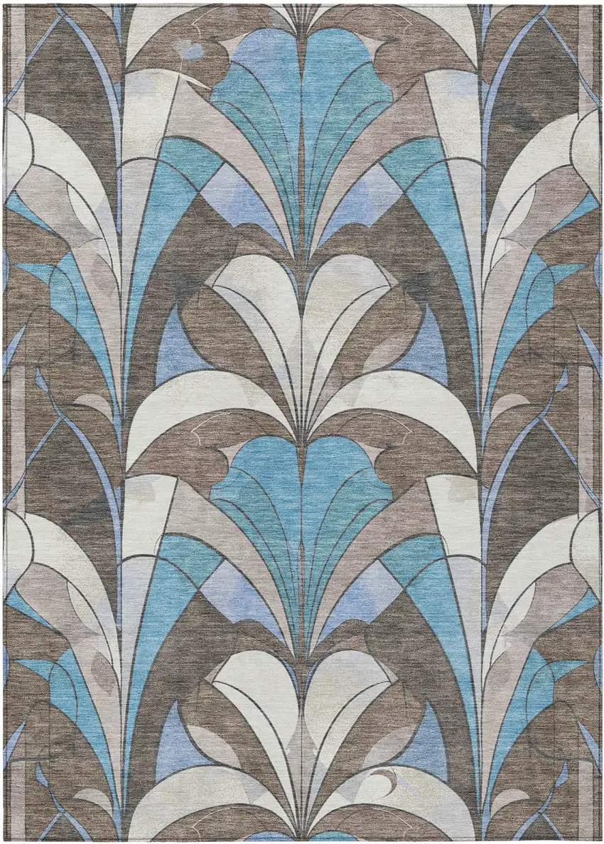 Brown Teal Blue And Ivory Geometric Washable Indoor Outdoor Area Rug Photo 3