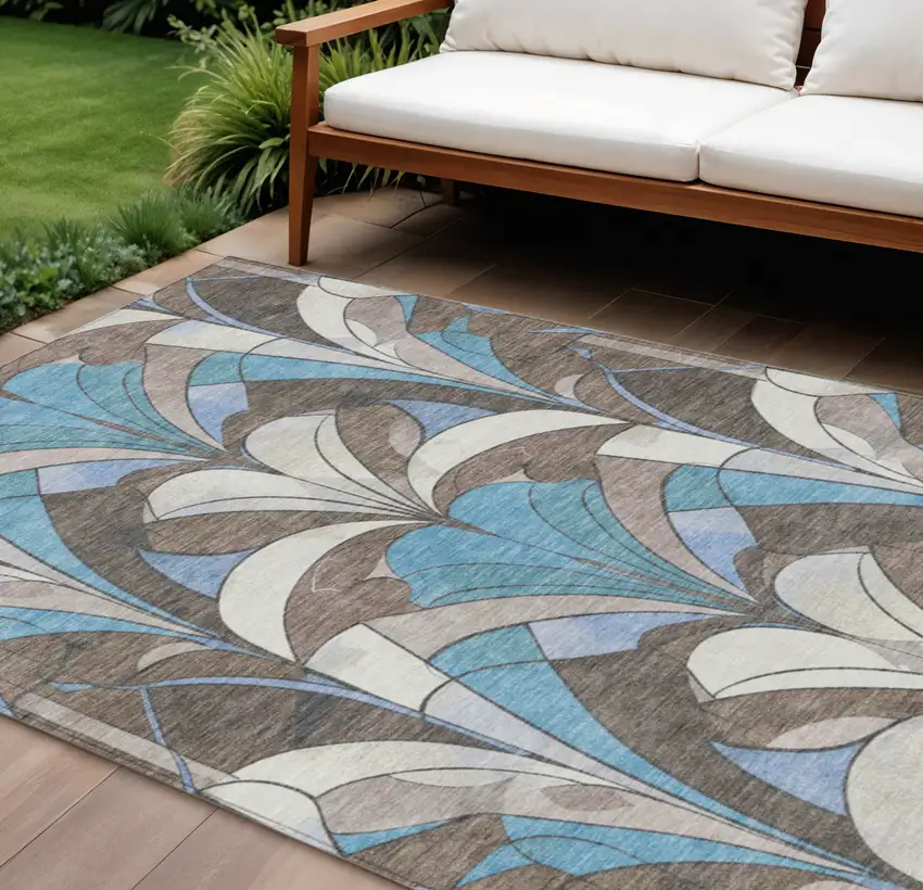 Brown Teal Blue And Ivory Geometric Washable Indoor Outdoor Area Rug Photo 2