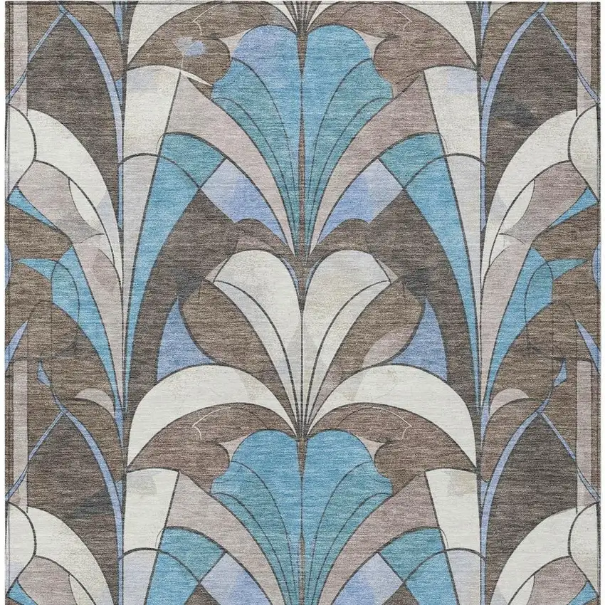 Brown Teal Blue And Ivory Geometric Washable Indoor Outdoor Area Rug Photo 3