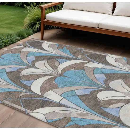 Brown Teal Blue And Ivory Geometric Washable Indoor Outdoor Area Rug Photo 2