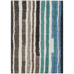 Photo of Brown Teal Blue And Ivory Striped Washable Indoor Outdoor Area Rug