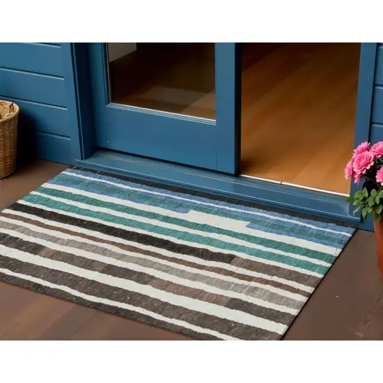 Brown Teal Blue And Ivory Striped Washable Indoor Outdoor Area Rug Photo 2
