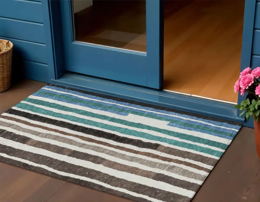 Brown Teal Blue And Ivory Striped Washable Indoor Outdoor Area Rug Photo 2