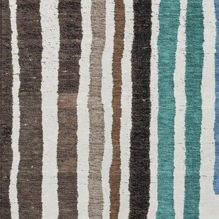 Brown Teal Blue And Ivory Striped Washable Indoor Outdoor Area Rug Photo 3