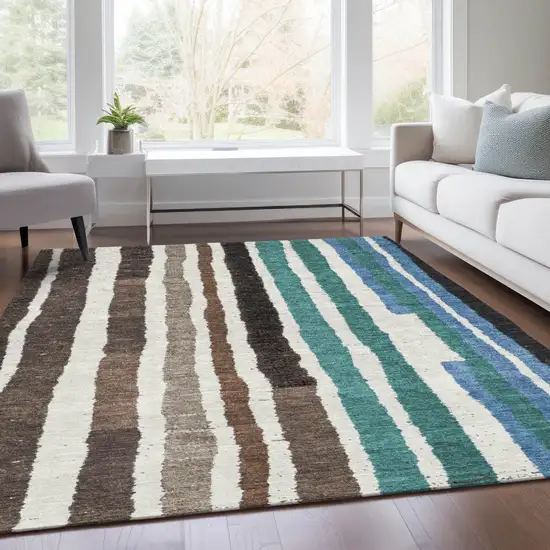 Brown Teal Blue And Ivory Striped Washable Indoor Outdoor Area Rug Photo 7
