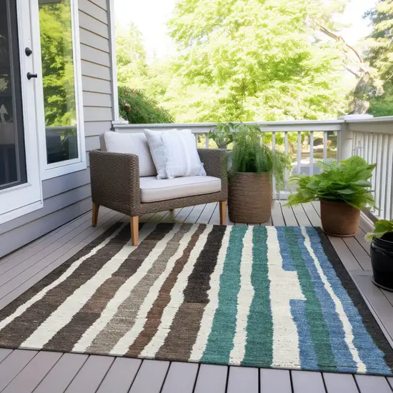Brown Teal Blue And Ivory Striped Washable Indoor Outdoor Area Rug Photo 8