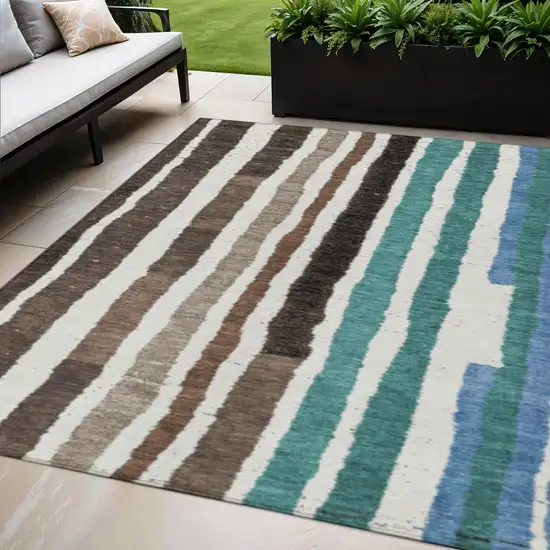 Brown Teal Blue And Ivory Striped Washable Indoor Outdoor Area Rug Photo 2