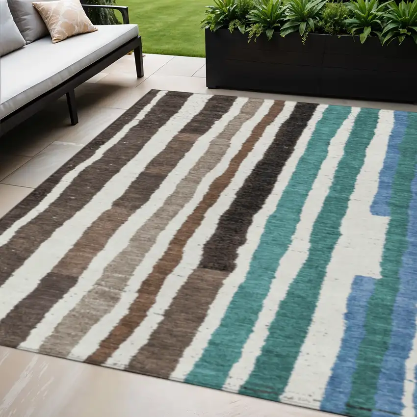 Brown Teal Blue And Ivory Striped Washable Indoor Outdoor Area Rug Photo 2