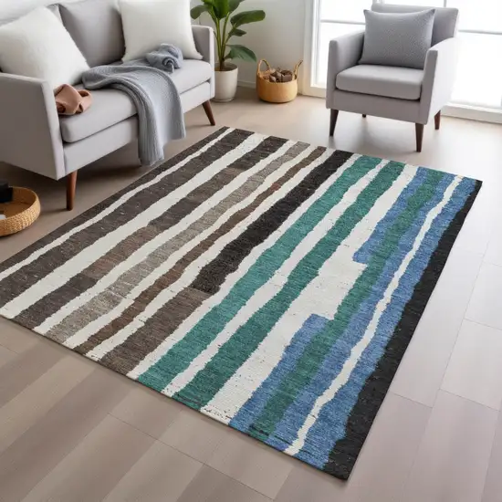 Brown Teal Blue And Ivory Striped Washable Indoor Outdoor Area Rug Photo 6