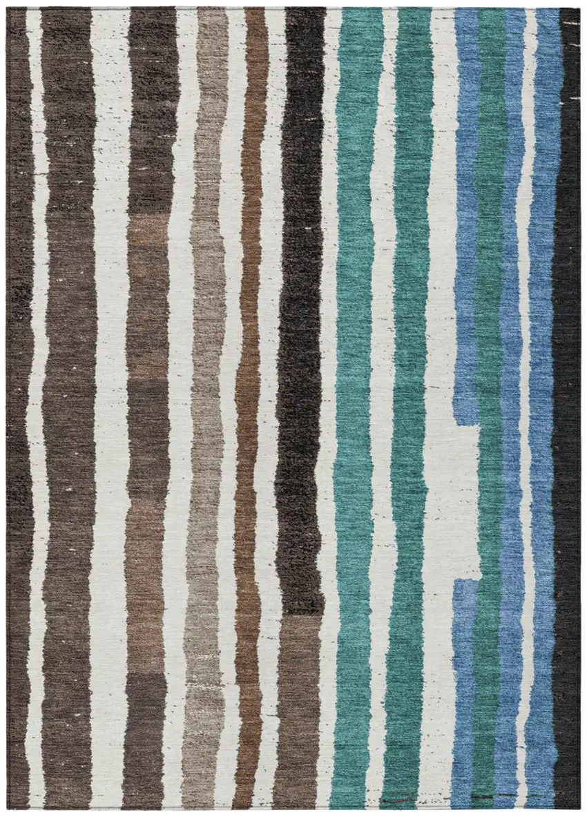 Brown Teal Blue And Ivory Striped Washable Indoor Outdoor Area Rug Photo 9