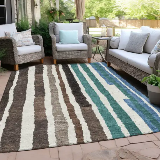 Brown Teal Blue And Ivory Striped Washable Indoor Outdoor Area Rug Photo 6