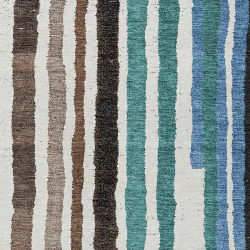 Brown Teal Blue And Ivory Striped Washable Indoor Outdoor Area Rug Photo 3
